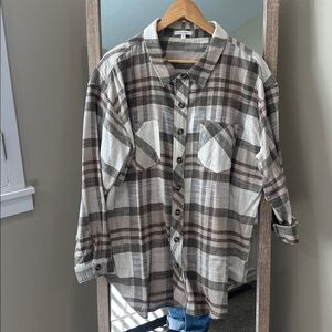Maurices Checkered Collared Shirt in olive green, Brown and Cream